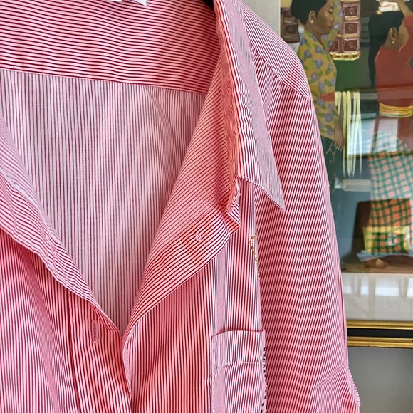 Women’s oversized 3X Collard Cotton, button up, long sleeve blouse. Red/White. - Picture 2 of 16